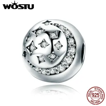 

WOSTU Real 925 Sterling Silver Sparkling Moon & Stars Clip Charm fit Original DIY Beads Bracelet Jewelry Making Gift CQC813