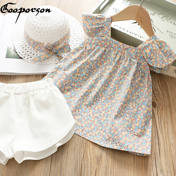 

Children's Clothes Set Girl Flower Two-piece Suit Summer Chiffon Blouse Shirt and Shorts Suit with Hat Cute Kids Clothing