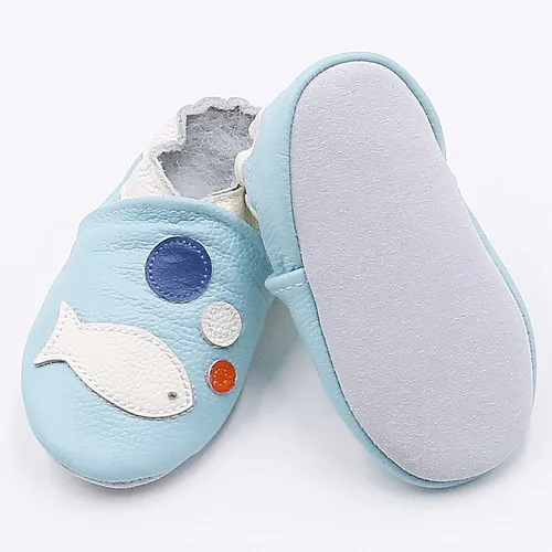 Противоскользящая детская обувь, мягкая обувь из натуральной кожи для маленьких мальчиков и девочек, тапочки для малышей 0-6, 6-12, 12-18, 18-24, Первые ходунки - Цвет: blue fish