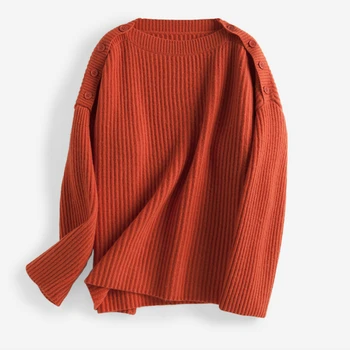 

women new fashion wool thick knit pullover sweater buckle shoulder slash-neck beige apricot 2color one&over size