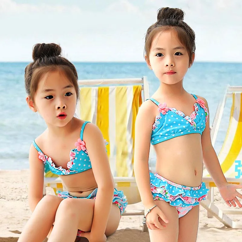 Image retail cute children s swimsuit girls  flower  blue bikini baby girl swimwear little girls swimsuits for children beach clothes