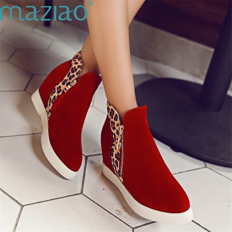

Ladies Chaussure Wedge Shoes Round Toe Ankle Boots Height Increasing Heels Booties Pumps Platform Leopard Boots MAZIAO