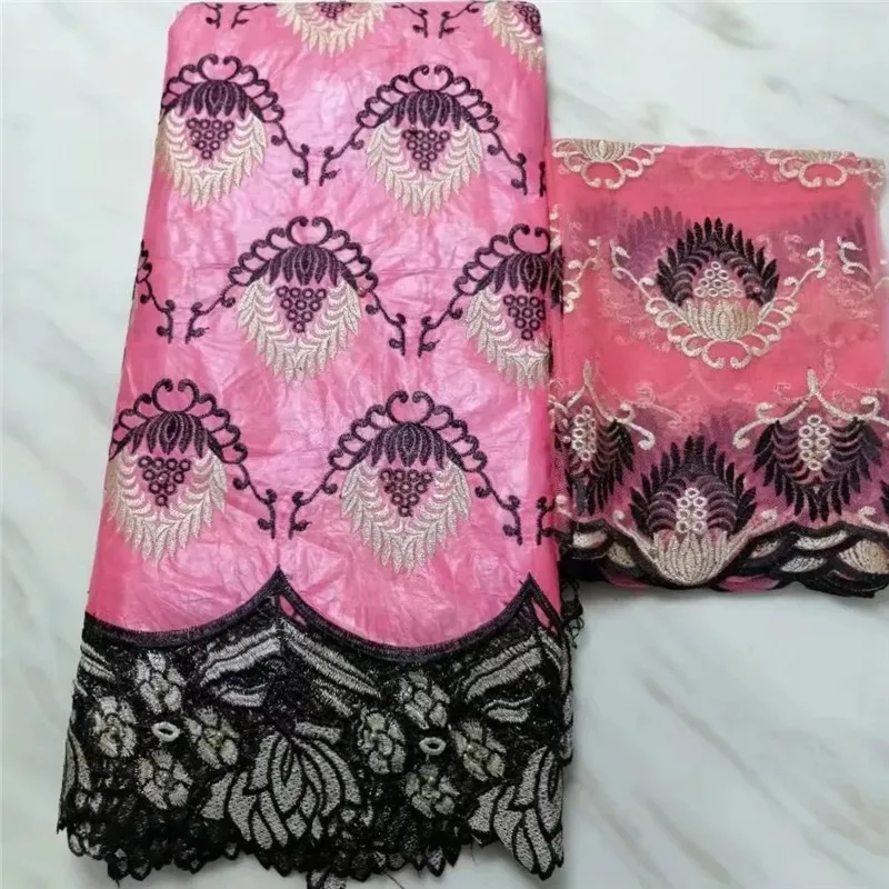 

African fabric Bazin riche fabric tissu africain cotton embroidered Bazin riche with tulle lace set african lace PL04091