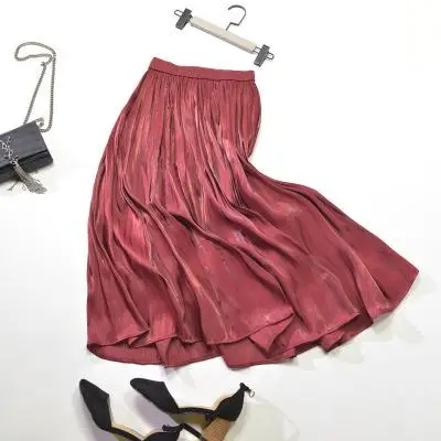 Spring New Korean Style Pleated Skirt Elastic Waist Pearl Luster Silk Slippery Faldas Largas Elegantes Free Shipping - Цвет: Бургундия