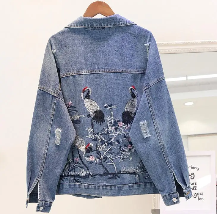 

Short Denim Coat Woman 2018 Fall New Korean Version Crane Embroidered Loose Jacket Long-sleeved Denim Jackets Student Basic Coa