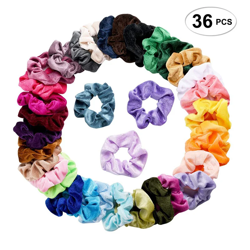 36 Pcs/Set Vintage Hair Scrunchies Stretchy Velvet Scrunchie Pack Women Elastic Hair Bands Girl Headwear Solid Rubber Hair Ties