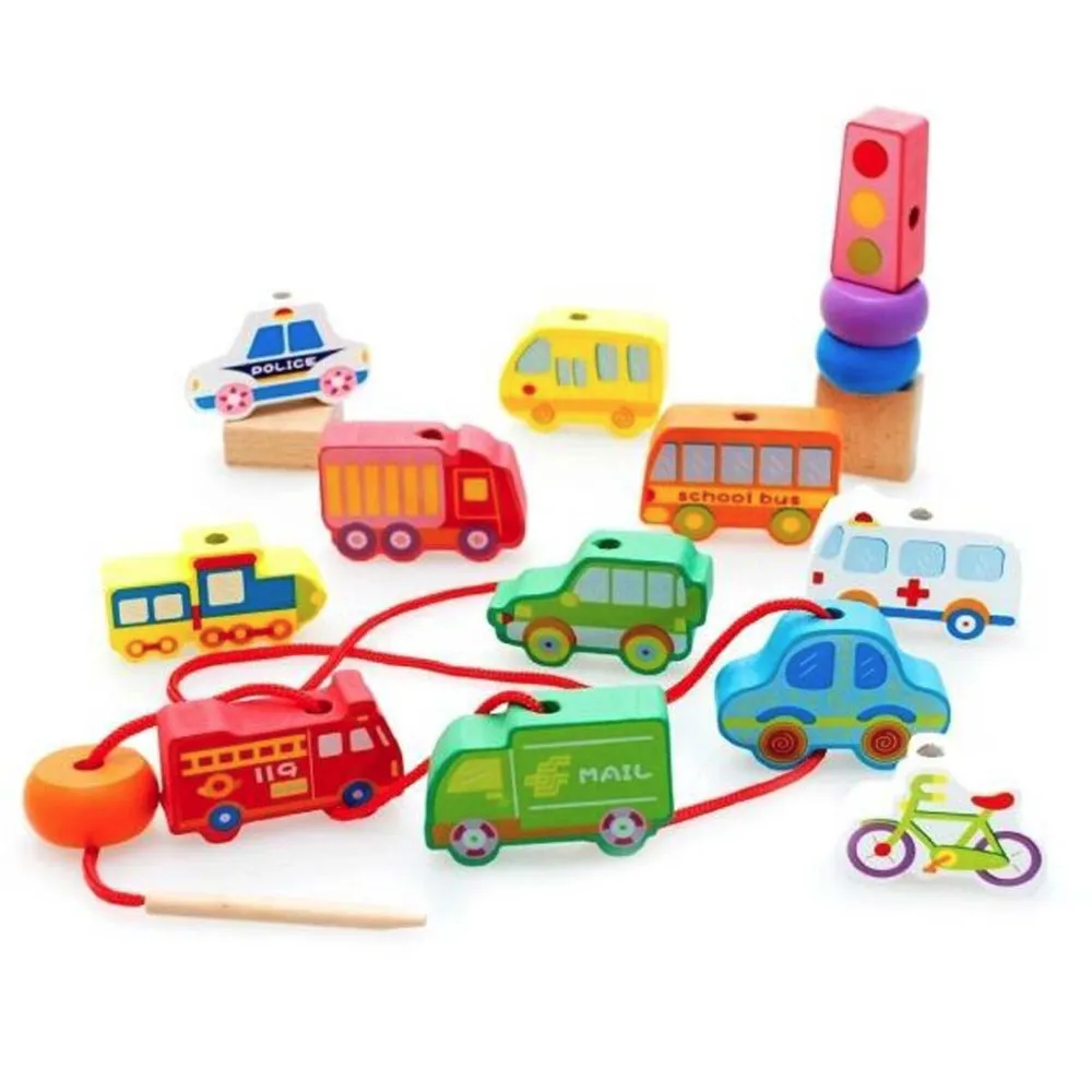 

Kids Wooden Cartoon Car Traffic Lacing beads City Primary Toy Car Stringing Bead for Toddlers