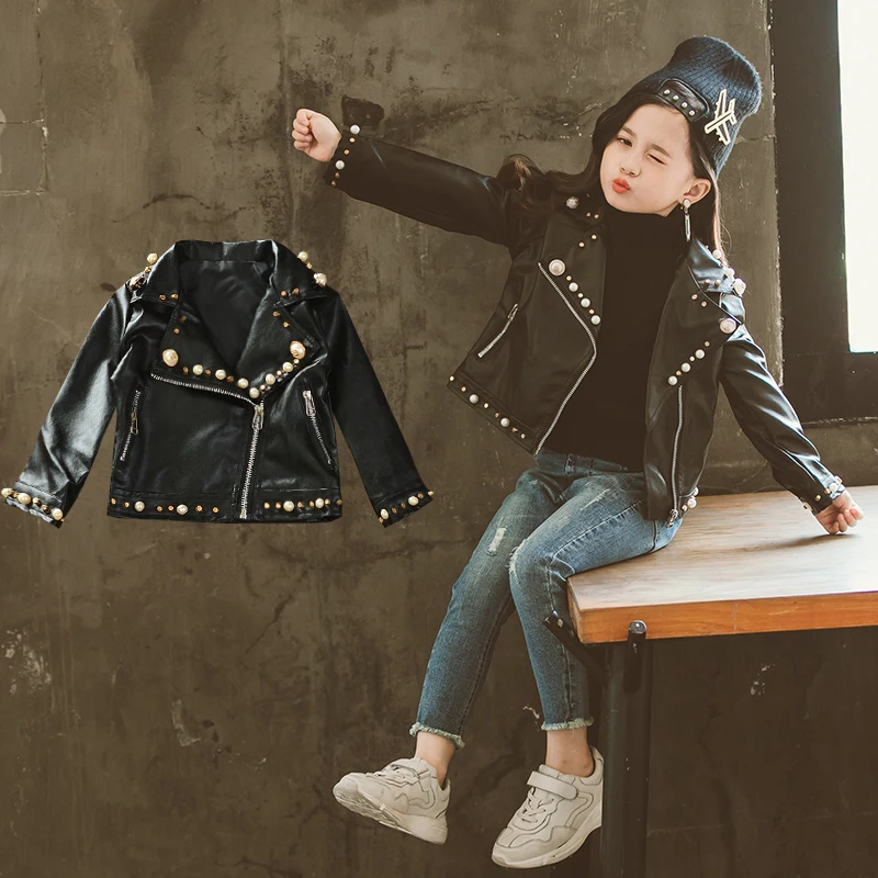 

2-7 year old girls pu jacket fashion Lapel pearl Rivet leather motorcycle jacket autumn winter outwear all match coats