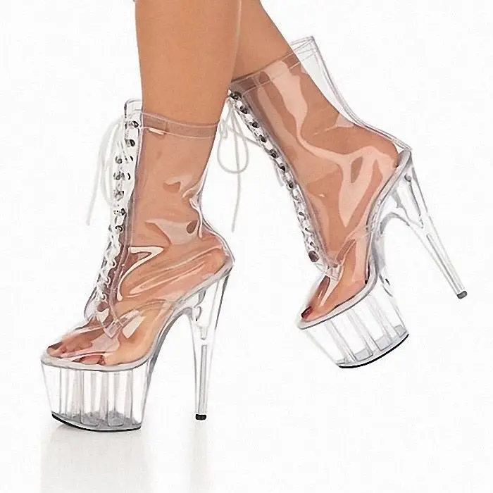 

Moraima Snc Sexy High Heel Platform PVC Boots Transparent Lace-up Thin Heels Pole Dancing Boot Catwalk Ankle Boots