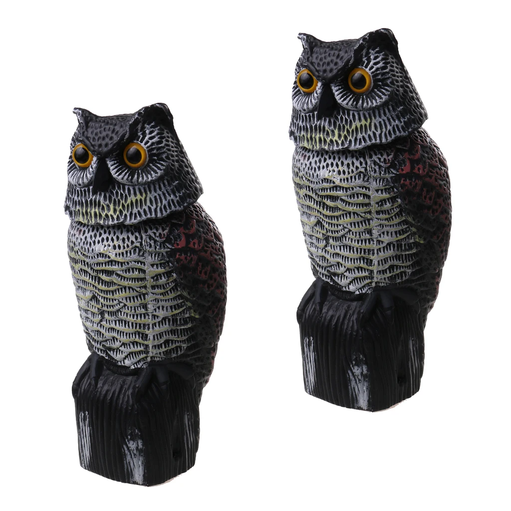 2 Pieces Plastic Realistic Owl Decoy With Rotating Head Bird Pigeon Crow Scarer Scarecrow Hunting Decoy