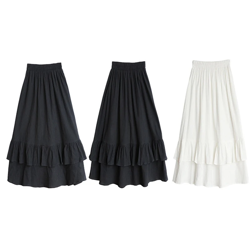 

Women skirt Cotton Ruffle long skirt summer 2019 robe femme Solid color Elasticated high waist vogue skirt New arrive fashion