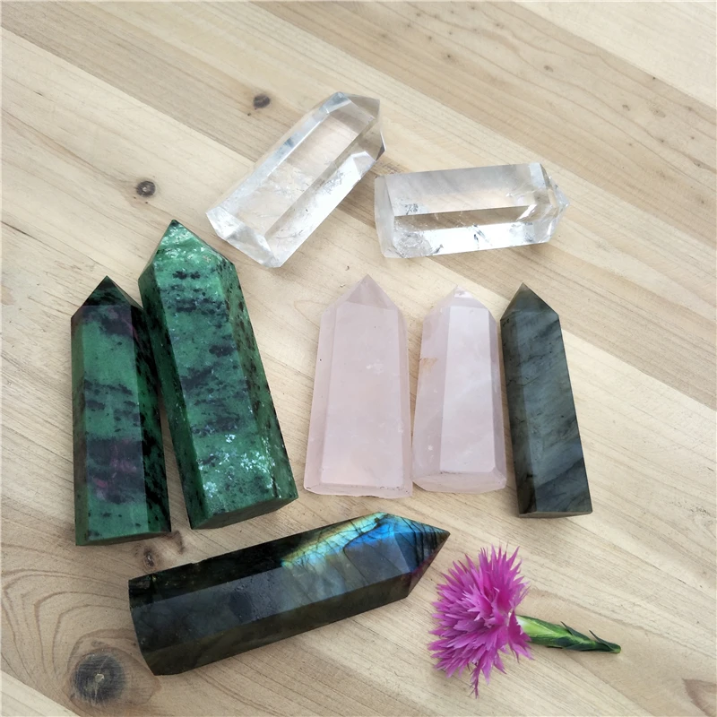 

8 pcs natural clear quartz rose pink crystal labradorite stone point crystal healing tower red green ruby zoisite healing grid