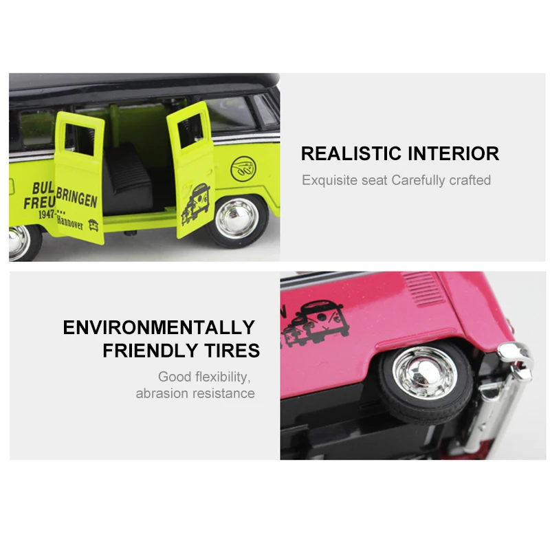 Retro Car Toy Alloy Bus Model 1:36 High Simulation Exquisite Volkswagen T1 Open Door bus Retro Style Cars Model for Kids Toys