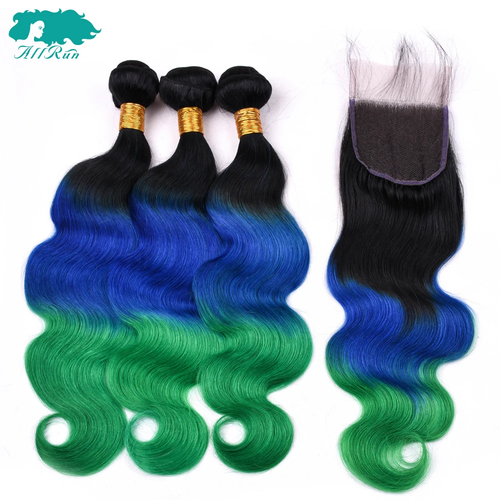 Три Onbre закрытия шнурка с ребенком 3 пучки волос с объемной волны бразильский волос человеческих волос с закрытием TB /темно-синий/зеленый