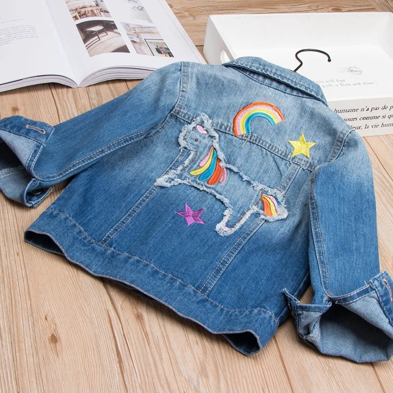 Baby Girls Denim Coats Rainbow Unicorn Embroidery Jeans Jackets For Girl Toddlers Denim Jackets Kids Outerwear Autumn Jacket