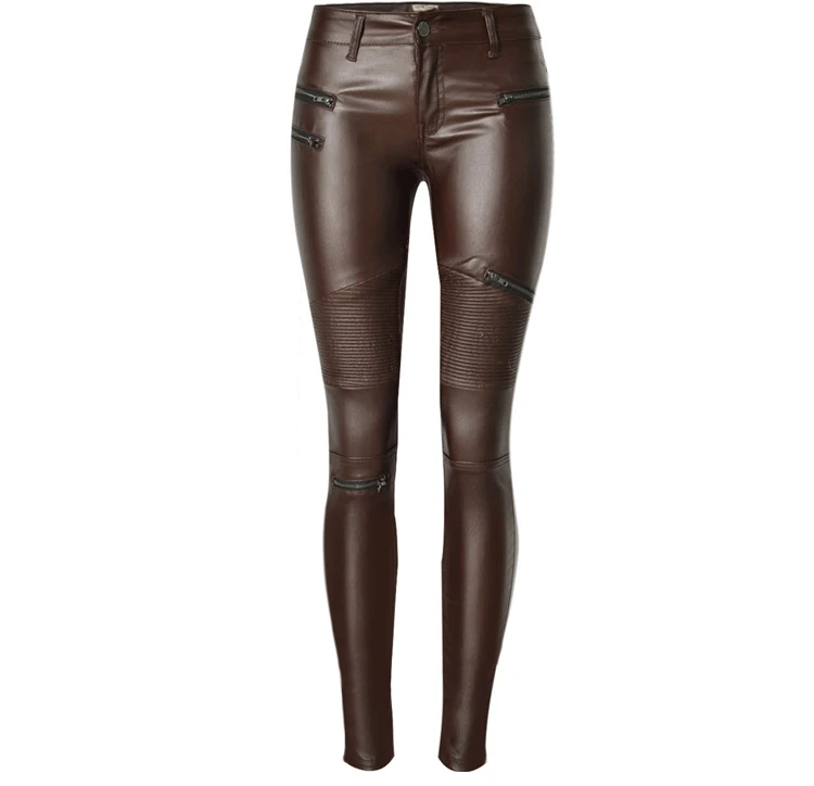 

Womens Faux Leather Jackets Skinny Jeans Motorcycle Pants Jeans Pencil Pants Casual Zipper Coffee Leather Denim Trousers BB6