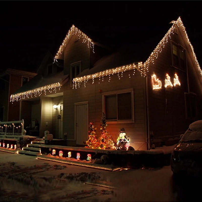 led light curtain christmas garland new year string holiday icicle christmas lights reflect on house