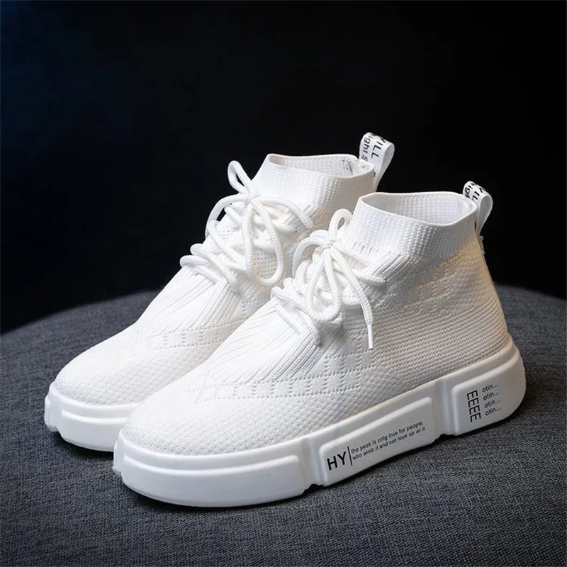 

New Flat Shoes Women Sock Sneakers White High Top Lace-up Casual Shoes with Platform Soft Light Solid Stylish Tenis Footwear