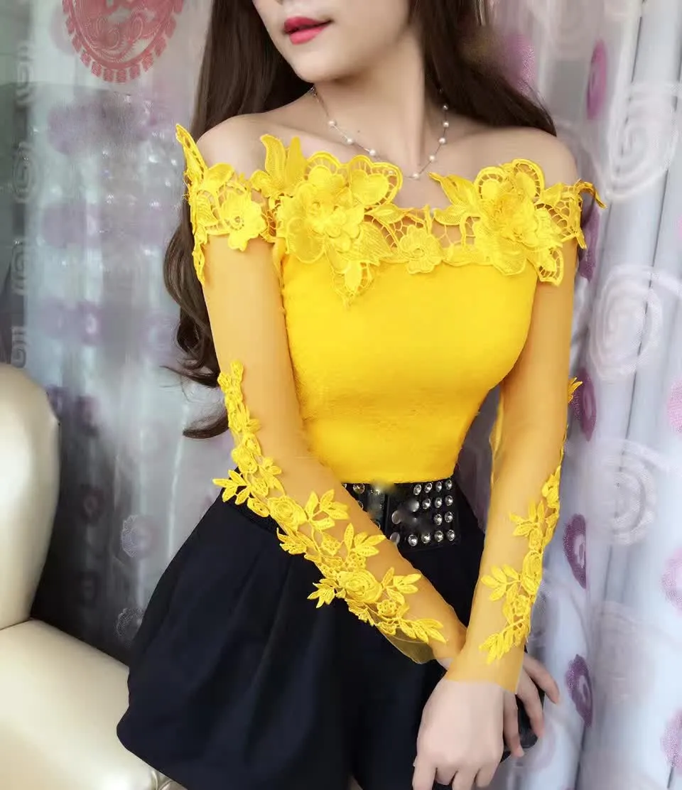 

Spring Summer Women Sweet Floral Lace Blouse Long Sleeve Slash Neck Mesh Blouses Sexy Club Party Sexy Tops