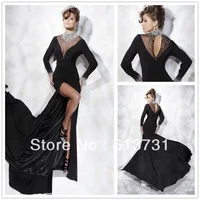 Designer Sexy Black High V Neck Long Sleeves Front Split Crystal Evening Dresses Women Long 211C66