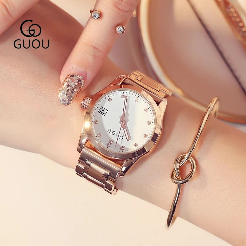 GUOU Brand Luxury Women Watches Fashion Quartz waterproof Ladies Stainless steel Watch Women Rhinestone Watches relogio feminino