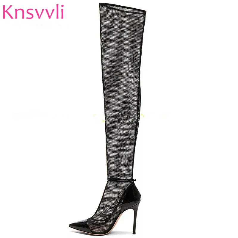 

Sexy Black Mesh Thin High Heels Gladiator Sandals Women Pointed Toe Summer Cut Outs Boots Female Runway Party Shoes for women