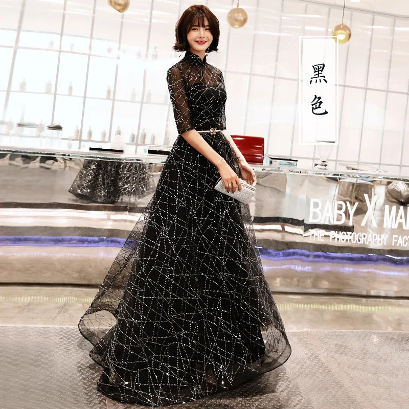 Это YiiYa вечернее платье с коротким рукавом, блестящие черные модные вечерние платья, элегантные вечерние платья на молнии для женщин E066 - Цвет: Черный