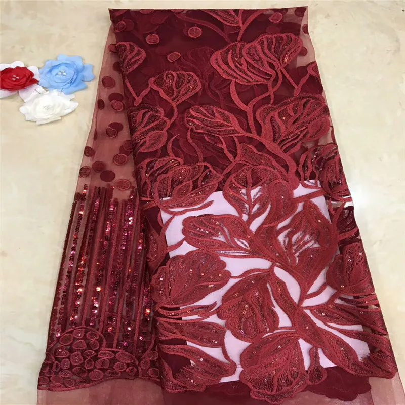 

2019 High Quality Nigeria Lace Fabrics/French Net Embroidery Wine red Sequins Tulle Lace Fabric For Nigerian Wedding xc65-1826