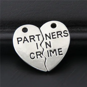 

10pcs Silver Color Splicing Heart-shaped Words Partners In Crime Charms letters Pendant Trendy Making Jewelry 20x19mm A3081