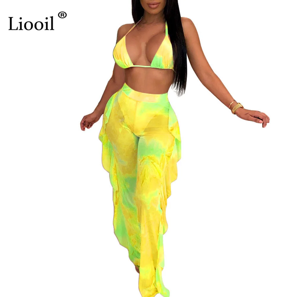 Liooil Tie Dye, комплект из 2 предметов, сексуальный женский комбинезон с открытой спиной и рюшами, v-образный вырез, открытые вечерние комбинезоны, неоновый женский комбинезон - Цвет: Цвет: желтый