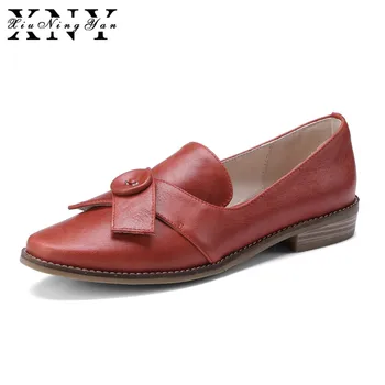 

XiuNingYan Genuine Cow Leather Women Casual Shoes Vintage Lady Flats Handmade Beige Black Red Oxford Shoes for Woman 2018 Autumn