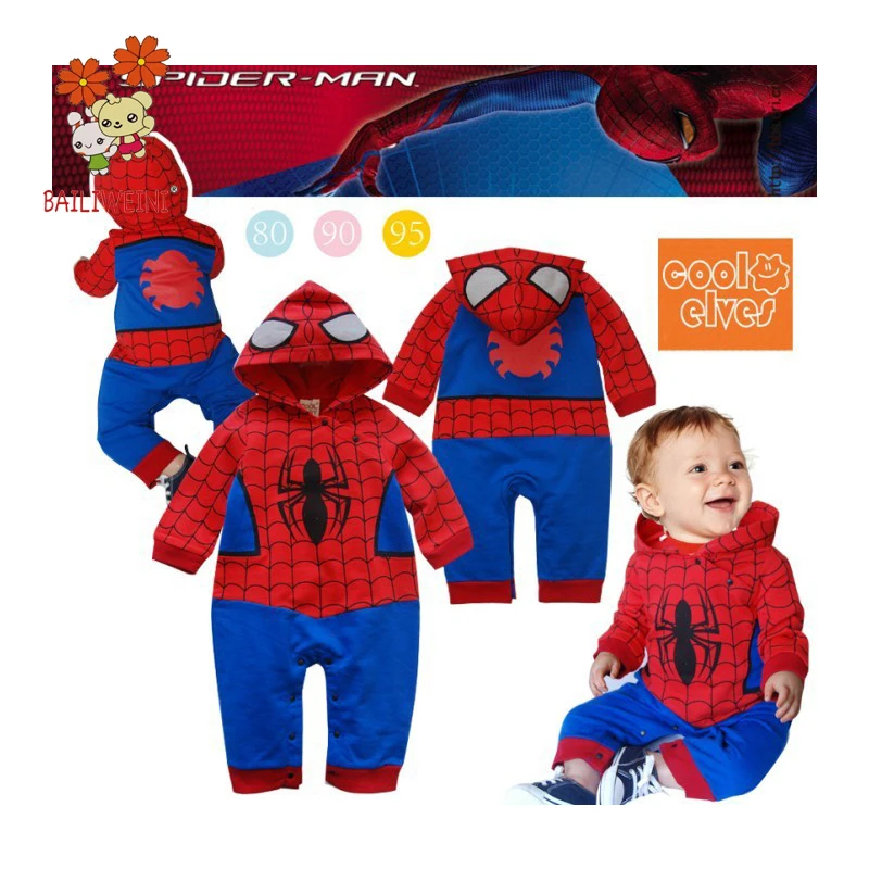 

2019 spring and autumn models BAILIWEINI short-sleeved Spider-man baby hooded romper climbing clothes boys and girls clothing