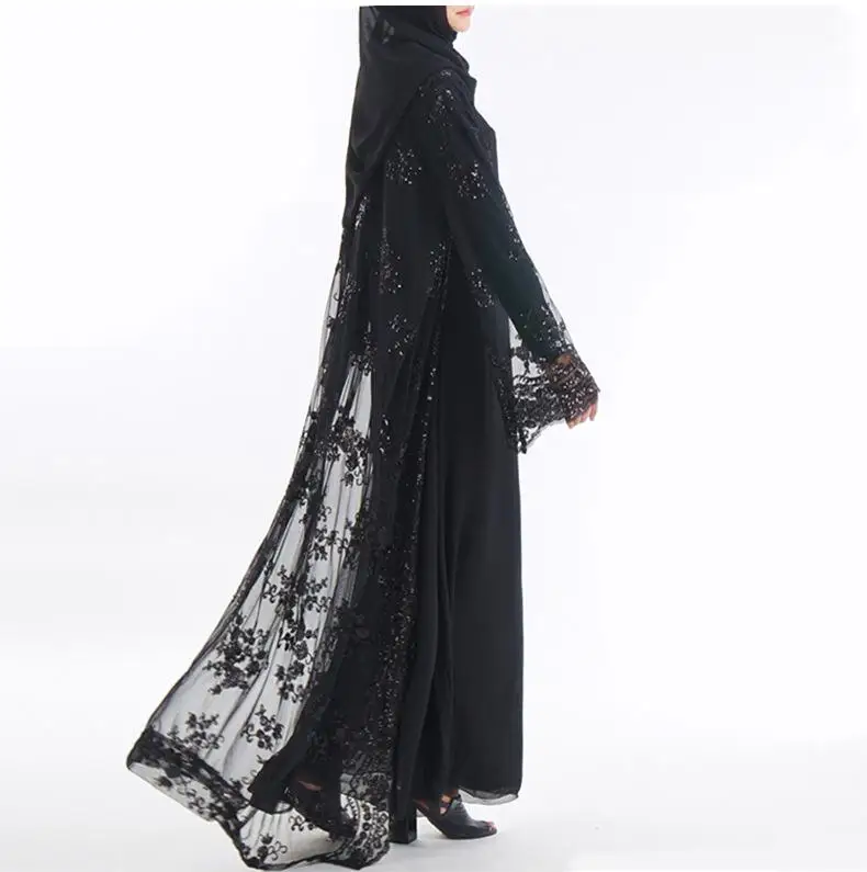 Модный роскошный женский кардиган abaya с блестками, мусульманское длинное платье, блестящее, Дубай, с вышивкой, кружевной кафтан, исламский халат, кимоно, новинка