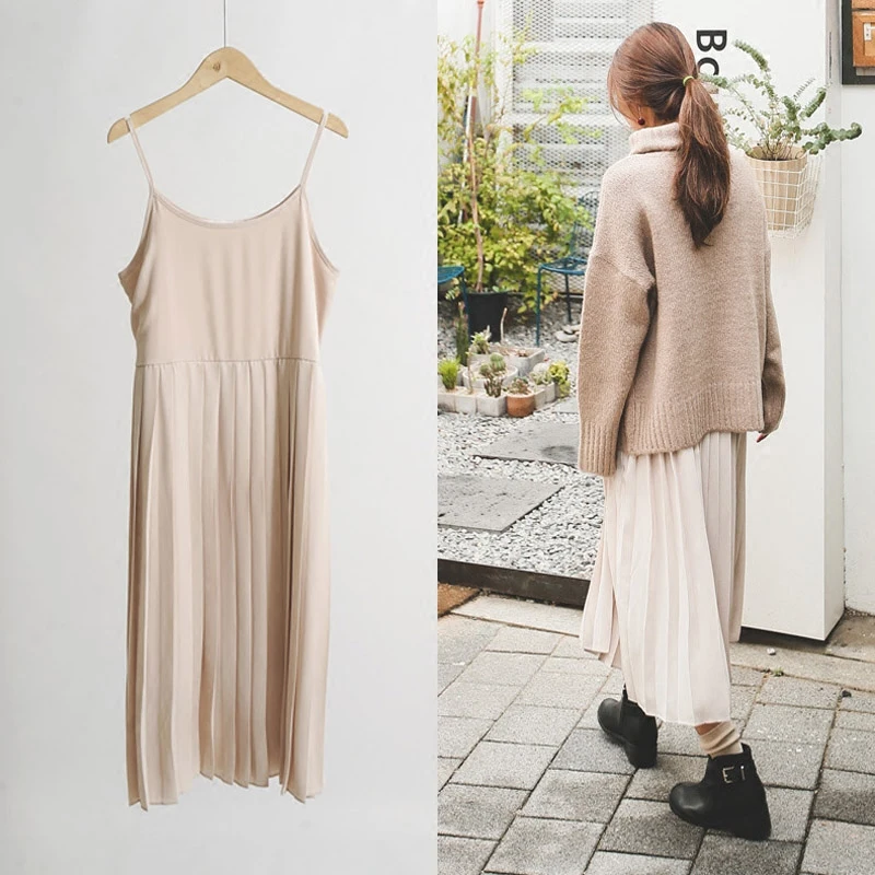 

Women Preppy Style Modal Chiffon Sling Basic Dress Mori Girls Harajuku High Waist Spaghetti Strap Pleated Dresses Vestidos