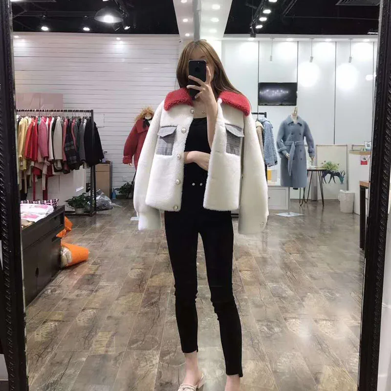 sheep fur coat female winter short jacket Pearl buttons and Cloth bag overcoat turn-down collar clothing Plus size wool blends