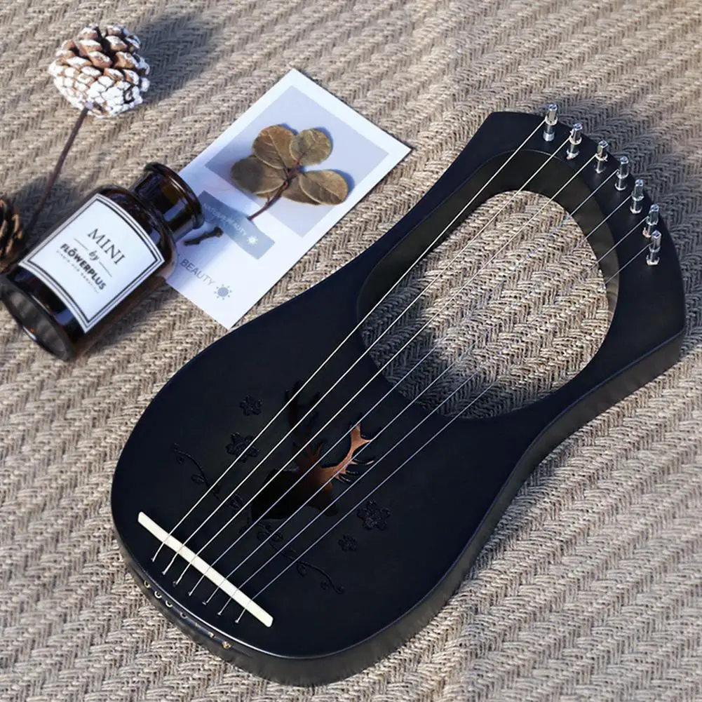 7 Strings Harp Lyre Strings Instrument Reindeer Pattern Mahogany Wood 7 Tone C Key Stringed Instruments for Music Lovers Gift - Цвет: Black reindeer