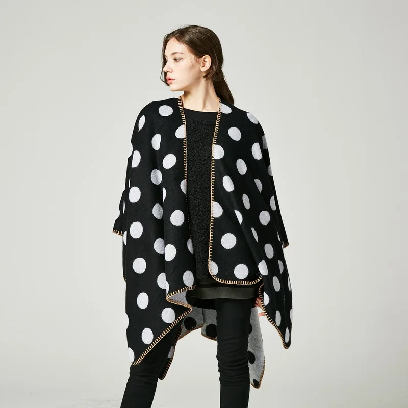 

New Winter Warm Cashmere Scarf Women Poncho Blanket Cape Polka Dots Vintage Shawls Coat