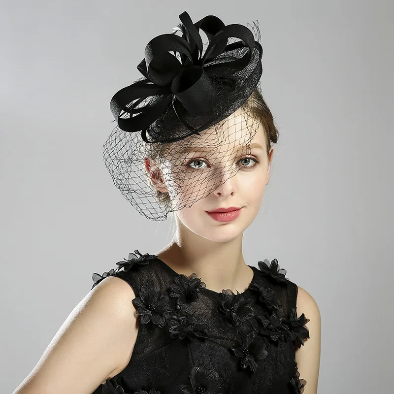 JaneVini черная/красная винтажная Свадебная шляпа, вуаль, перья, вуалетки, цветок, для праздника, вечеринки, официальная женская свадебная шляпа, головной убор - Цвет: Черный