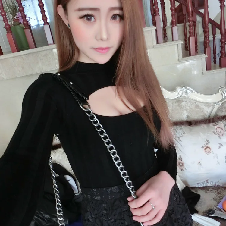 Fashion Bust Cutout Womens Sexy Anime Keyhole Sweater 2015 Feminino Turtleneck Long sleeve Women