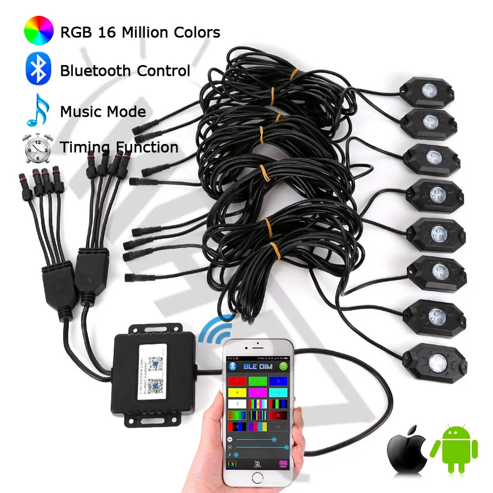 Set of 8x Pod RGB LED Rock Lights Wireless Bluetooth Music Flashing Multi Color (12)