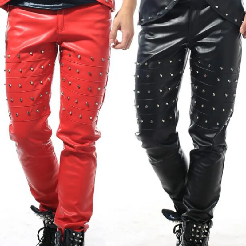 

Men's Performance Leather Pants Nightclub Bar DS Singer Influx Men's DJ Performances Slim Pants Punk Studded Pants
