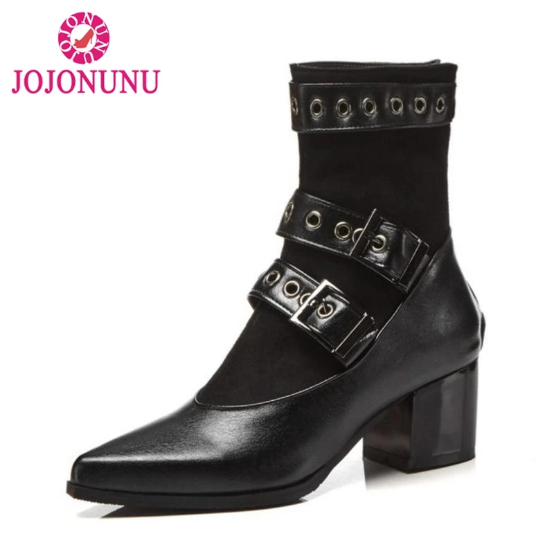 

FITWEE Plus Size 32-48 Fashion Women High Heel Boots Buckle Patchwork Warm Shoes Women Winter Half Short Boots Sexy Shoes