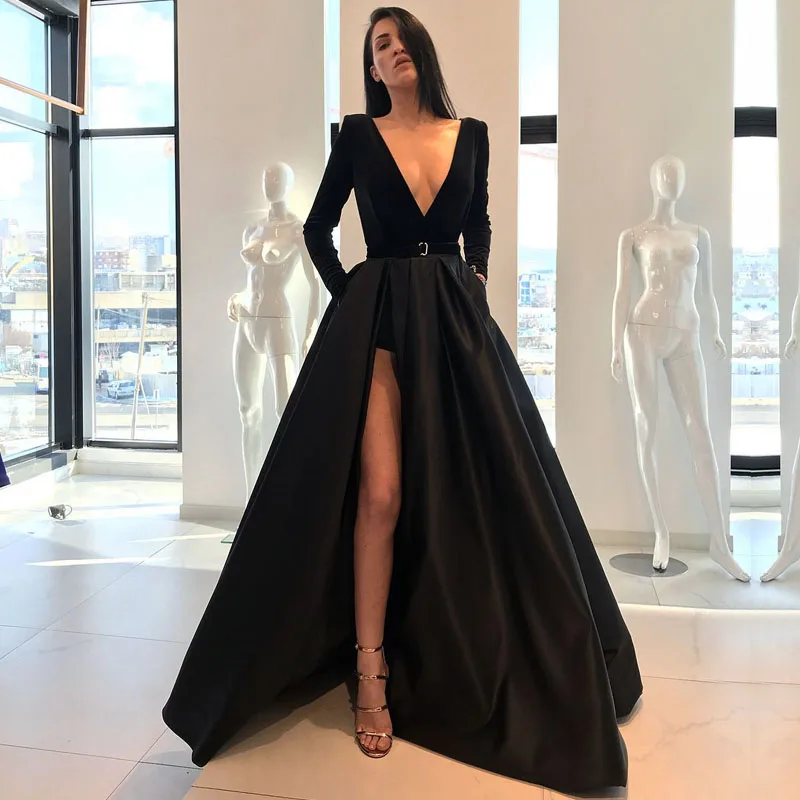 Длинные черные вечерние платья сексуальные с высоким разрезом v-образный вырез длинный рукав в арабском стиле Стильное женское вечернее платье