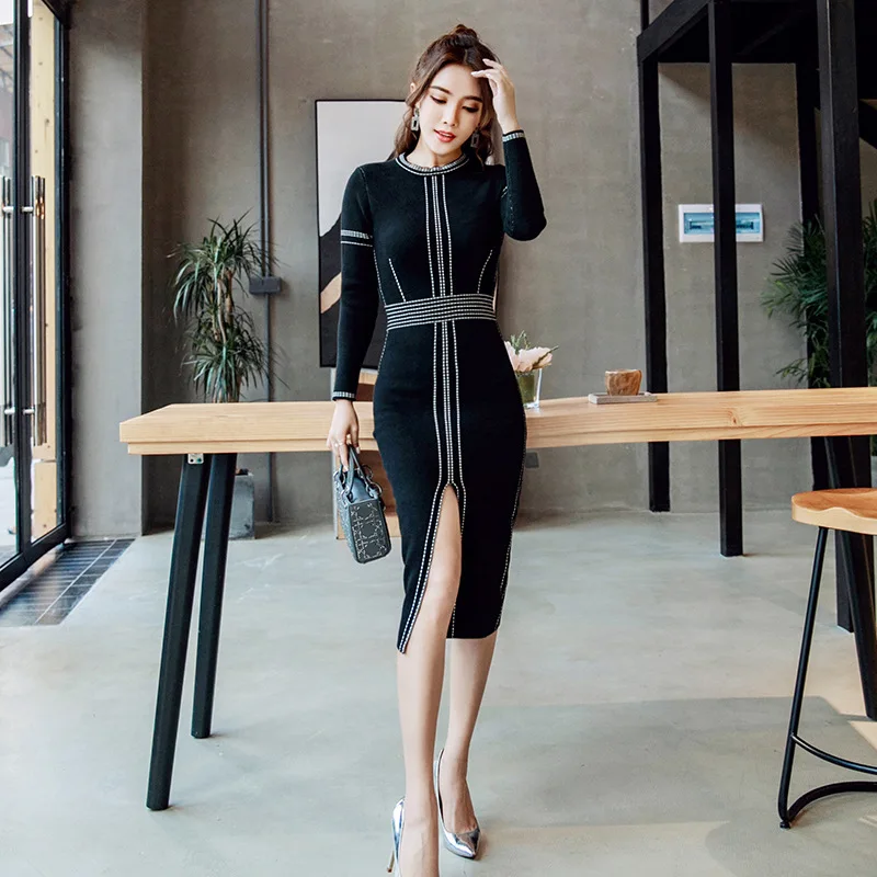 

autumn split knitted bodycon dress women Sexy long sleeve midi dress Elegant warm slim sweater dress vestidoes