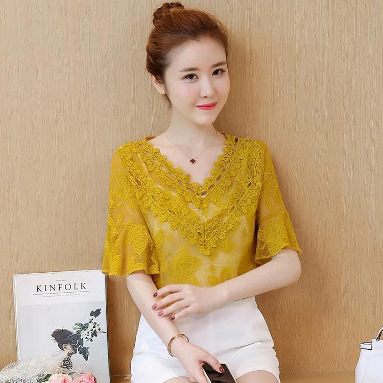 2018 New Summer Casual Clothing Mesh Women Shirts Stitching Lace Tops Elegant Female Blouse Fashion Lace Women Blouse 0598 30