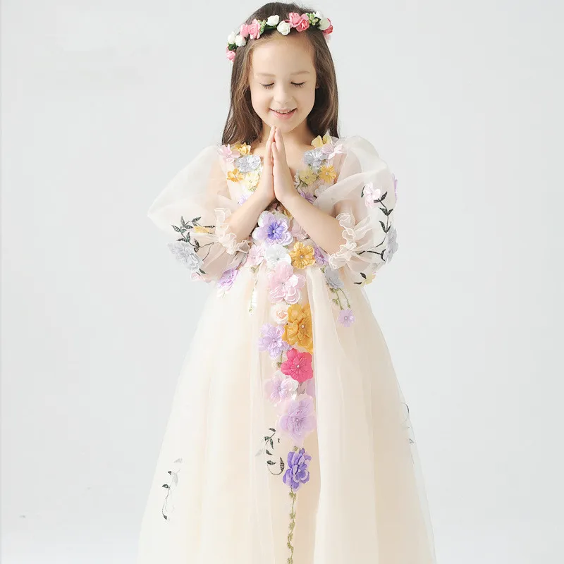 Flower Girls Dresses Children's Wedding Party Ball Gown Flower Fairy Princess Dress for Girls Mesh Handmade Clothes 3 years old