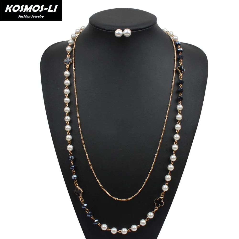 

Double Chain Simulated Pearl Necklace Jewelry Sets For Women Lady Statement Clover Necklace With Earrings Jewelry For Party