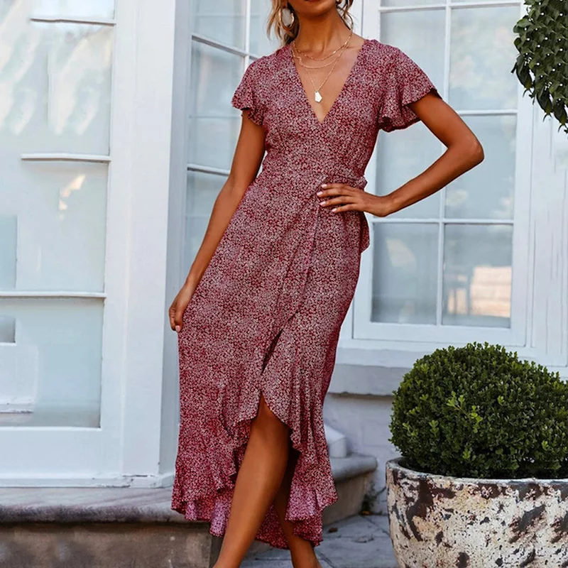 

Summer Polka Dot Boho Dress for Women 2019 Short Sleeve V-Neck Split Maxi Dresses Sexy High Waist Beach Dress Robe Femme