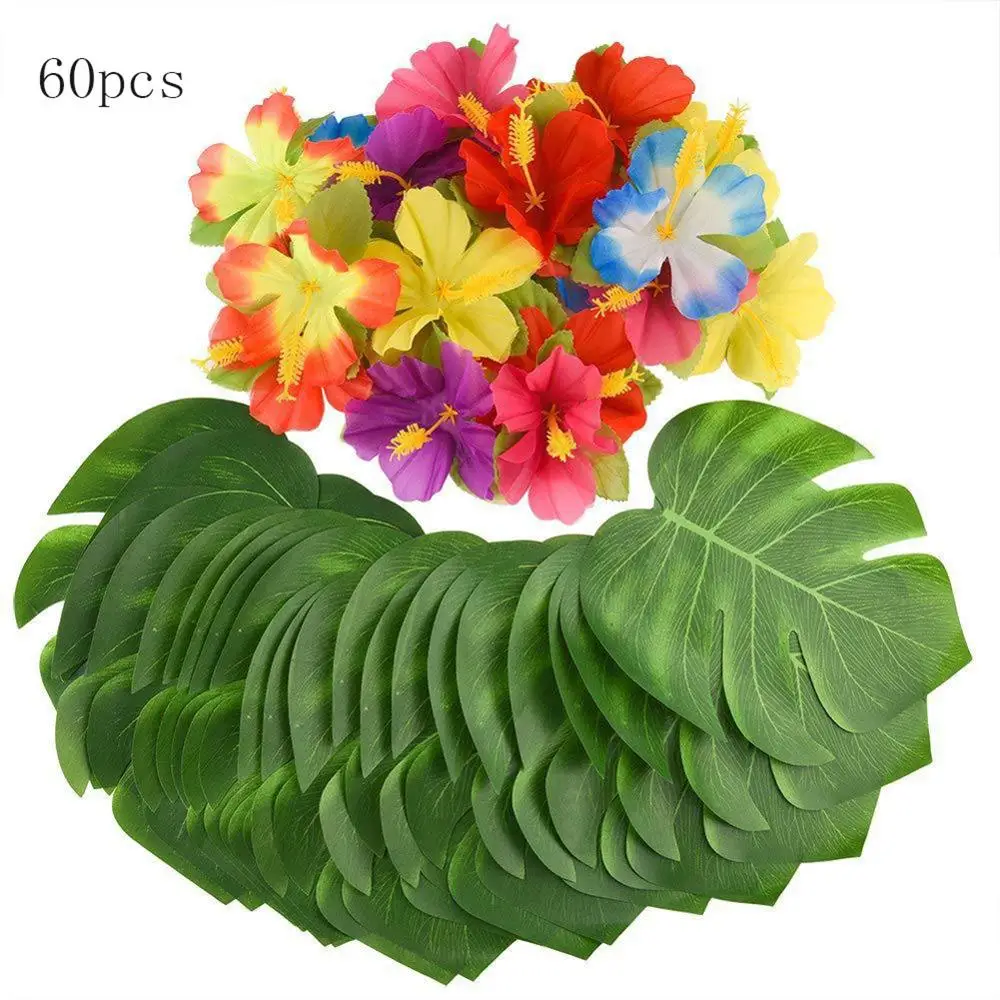 

60pcs/set Hawaiian Artificial Hibiscus Flowers Soft Turtle Leaves Party Supplies Hawaiian Tropical Rain Forest Beach Wall Decor