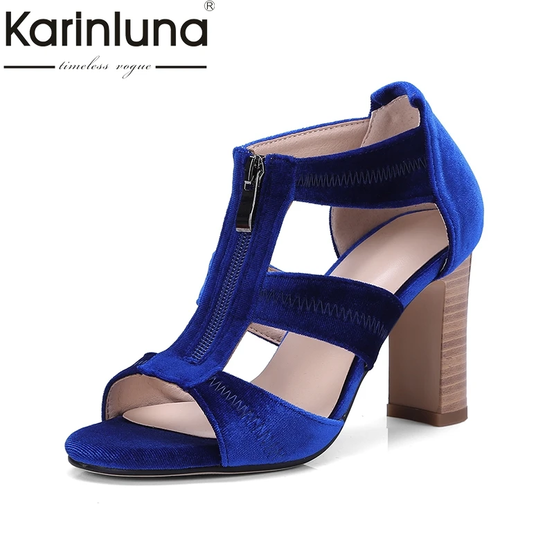 

KARINLUNA 2018 best quality velvet big size 34-43 gladiator woman shoes woman sandals square high heels party summer sandal